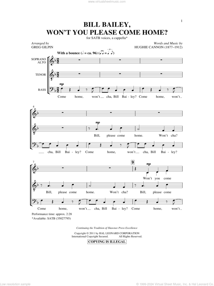 Bill Bailey, Won't You Please Come Home (arr. Greg Gilpin) sheet music for choir (SATB: soprano, alto, tenor, bass) by Hughie Cannon and Greg Gilpin, intermediate skill level