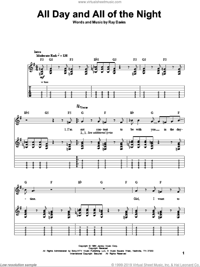 All Day And All Of The Night sheet music for guitar (tablature, play-along) by The Kinks and Ray Davies, intermediate skill level