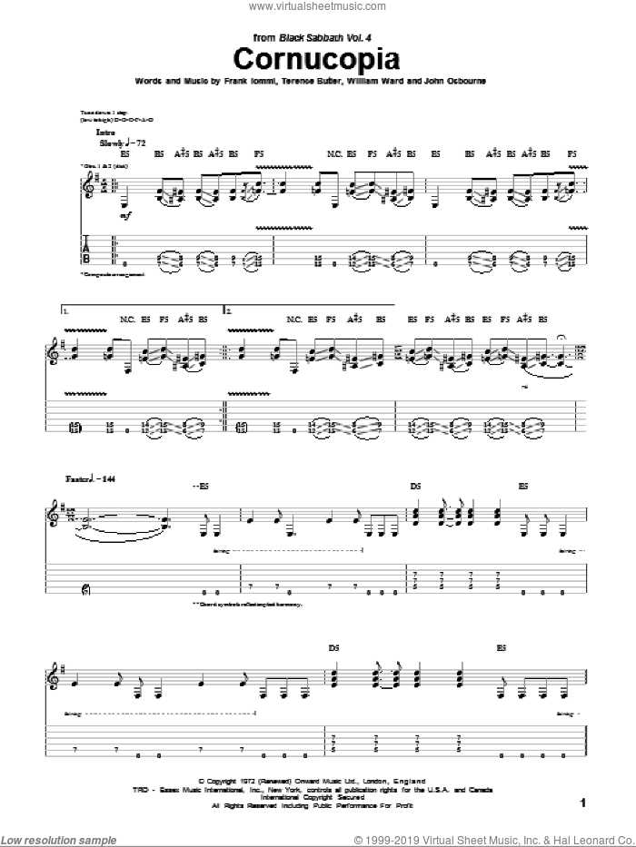 Cornucopia sheet music for guitar (tablature) by Black Sabbath, Ozzy Osbourne, Frank Iommi, John Osbourne, Terence Butler and William Ward, intermediate skill level