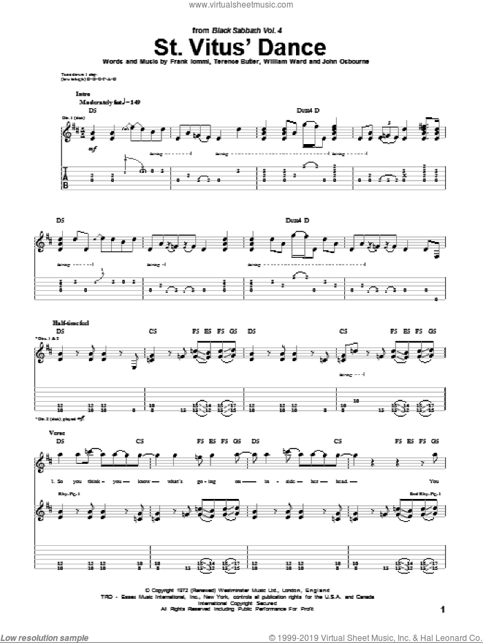 St. Vitus' Dance sheet music for guitar (tablature) by Black Sabbath, Ozzy Osbourne, Frank Iommi, John Osbourne, Terence Butler and William Ward, intermediate skill level