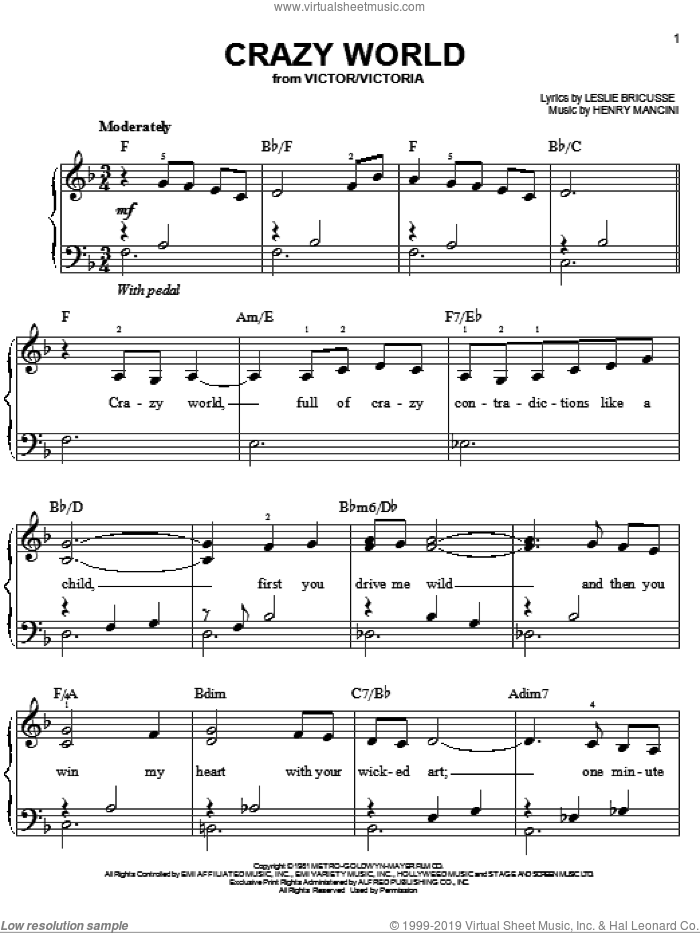 Crazy World, (easy) sheet music for piano solo by Henry Mancini and Leslie Bricusse, easy skill level