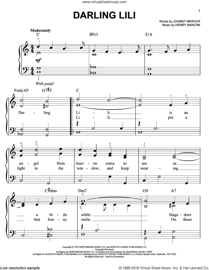Darling Lili, (easy) sheet music for piano solo by Henry Mancini and Johnny Mercer, easy skill level