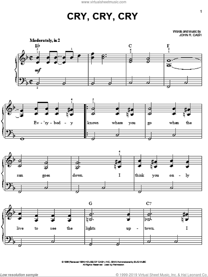 Cry, Cry, Cry sheet music for piano solo by Johnny Cash, easy skill level