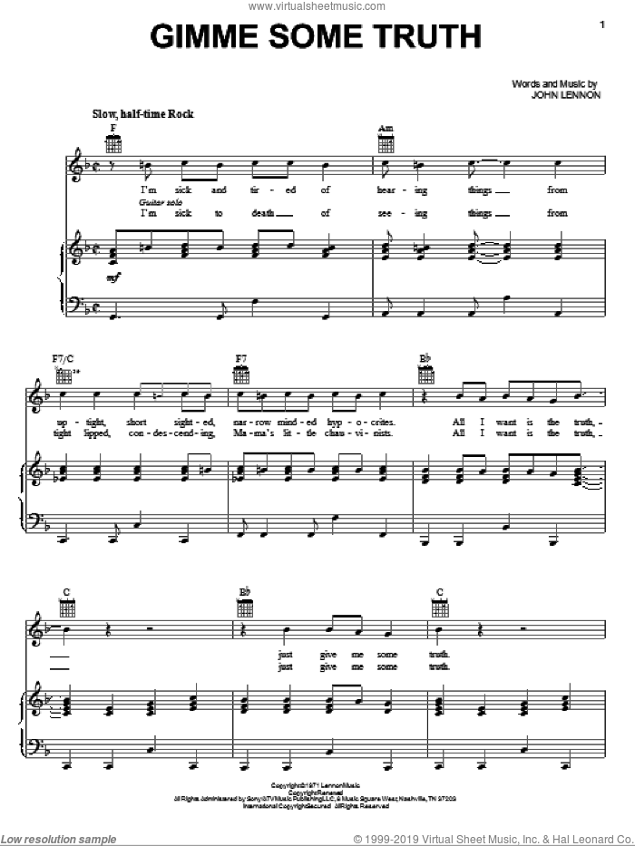 Gimme Some Truth sheet music for voice, piano or guitar by John Lennon, intermediate skill level