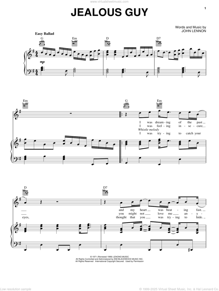 Jealous Guy sheet music for voice, piano or guitar by John Lennon, intermediate skill level