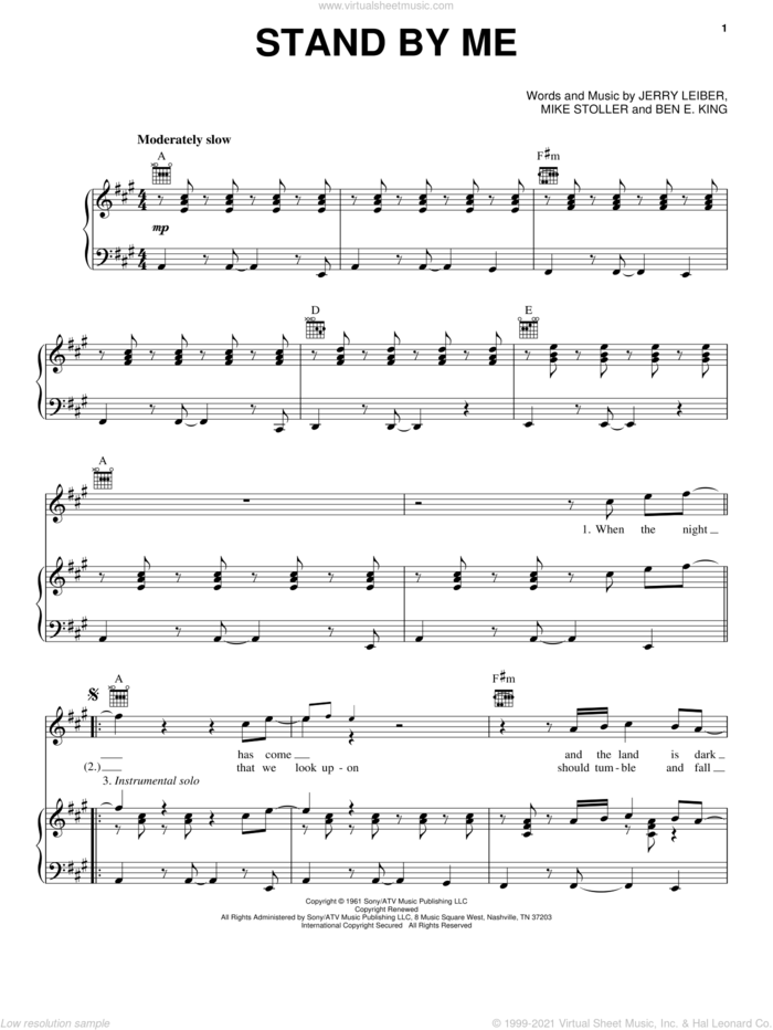 Stand By Me sheet music for voice, piano or guitar by John Lennon, Leiber & Stoller, Ben E. King, Jerry Leiber and Mike Stoller, intermediate skill level