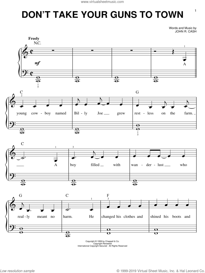 Don't Take Your Guns To Town sheet music for piano solo by Johnny Cash, easy skill level