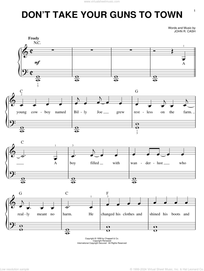 Don't Take Your Guns To Town sheet music for piano solo by Johnny Cash, easy skill level