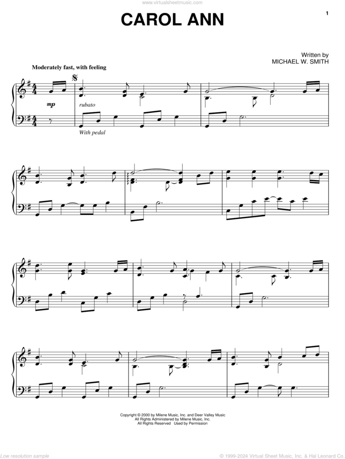 Carol Ann sheet music for piano solo by Michael W. Smith, intermediate skill level