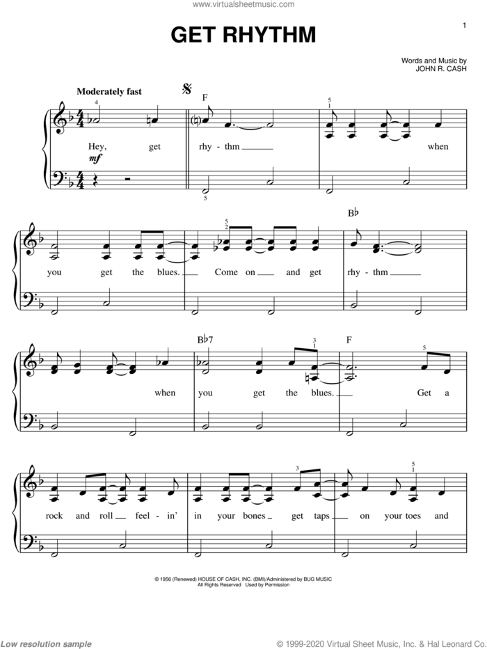 Get Rhythm sheet music for piano solo by Johnny Cash, easy skill level