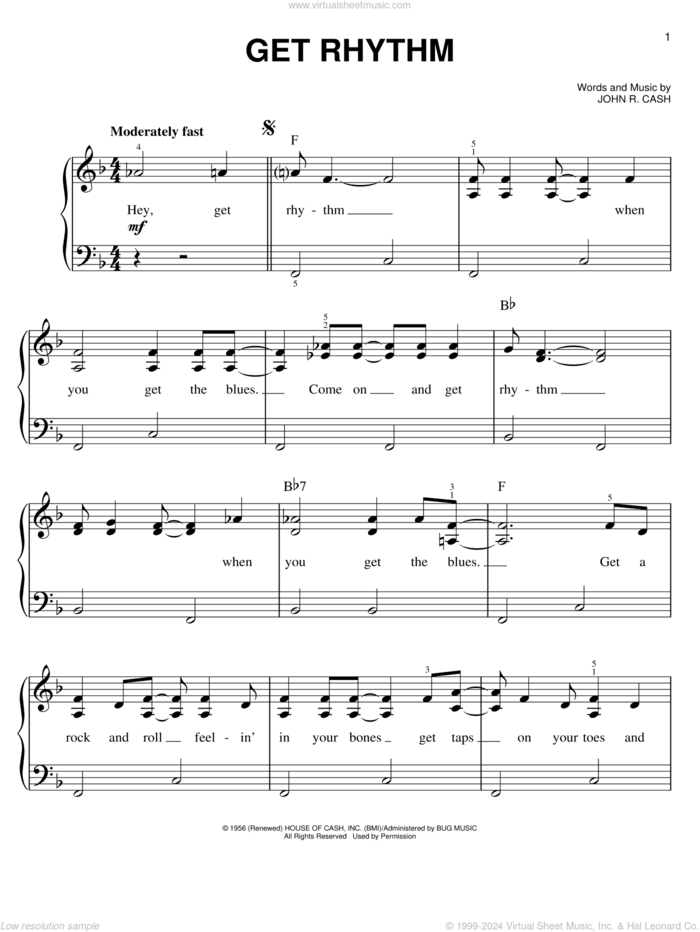 Get Rhythm sheet music for piano solo by Johnny Cash, easy skill level