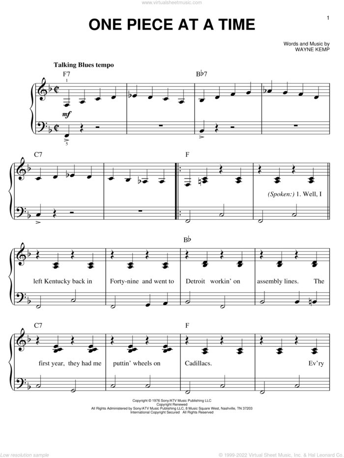 One Piece At A Time sheet music for piano solo by Johnny Cash and Wayne Kemp, easy skill level
