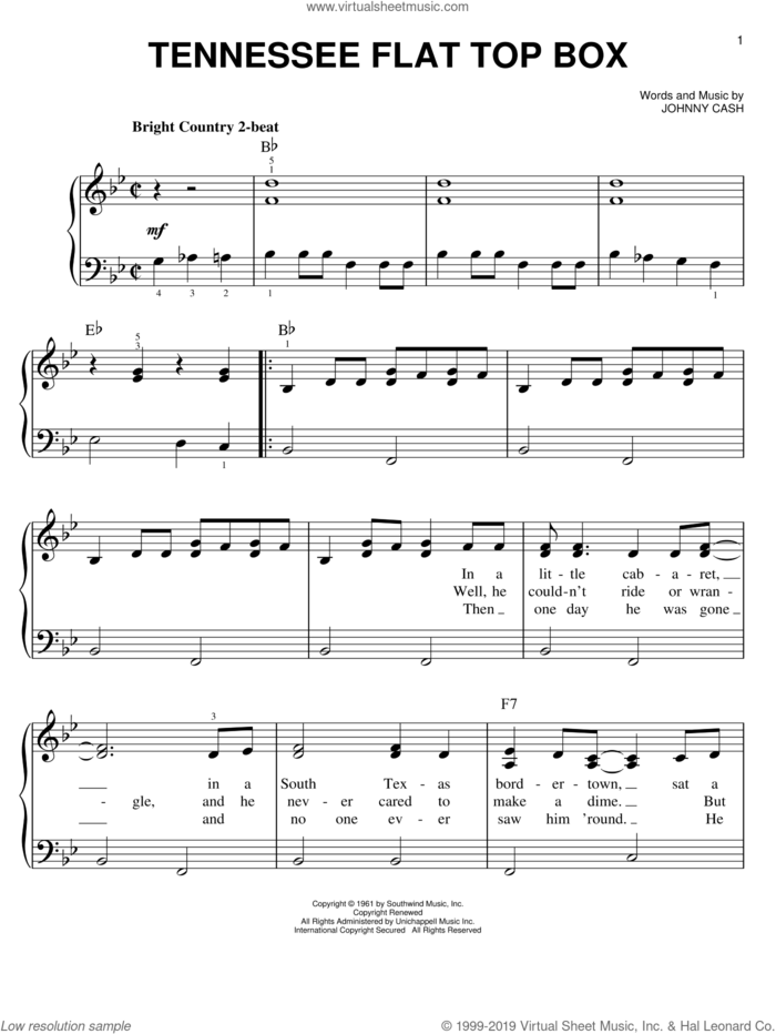 Tennessee Flat Top Box, (easy) sheet music for piano solo by Johnny Cash, easy skill level