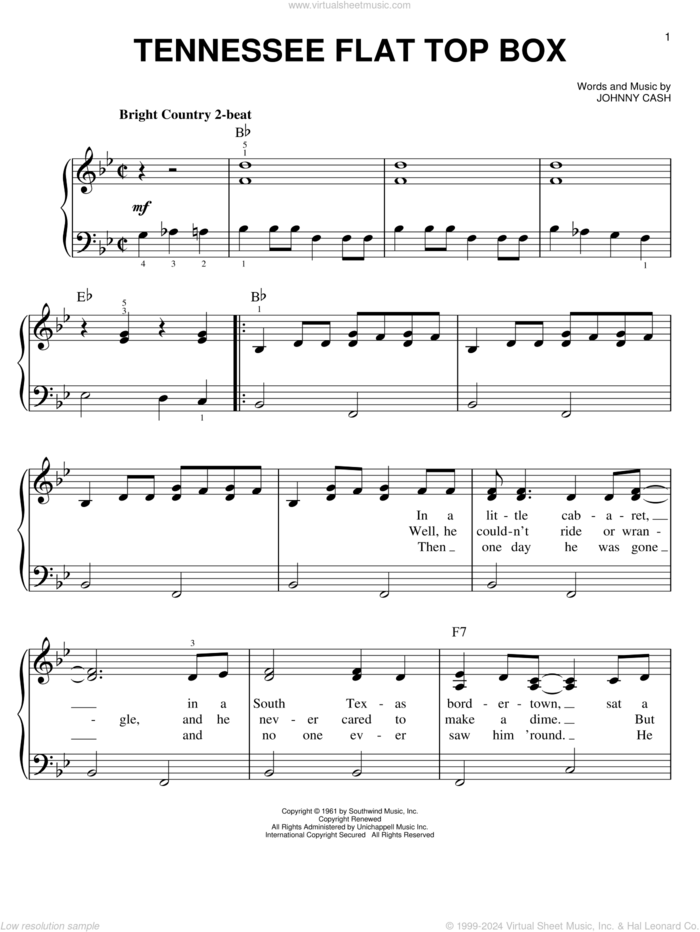 Tennessee Flat Top Box, (easy) sheet music for piano solo by Johnny Cash, easy skill level