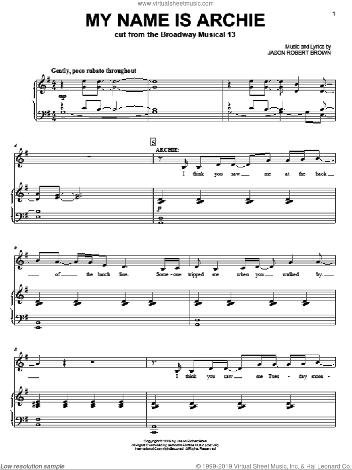 My Name Is Archie sheet music for voice and piano by Jason Robert Brown and 13: The Musical, intermediate skill level