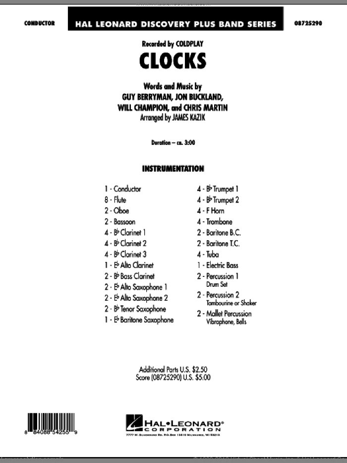 Clocks (COMPLETE) sheet music for concert band by Guy Berryman, Chris Martin, Jon Buckland, Will Champion, Coldplay and James Kazik, intermediate skill level