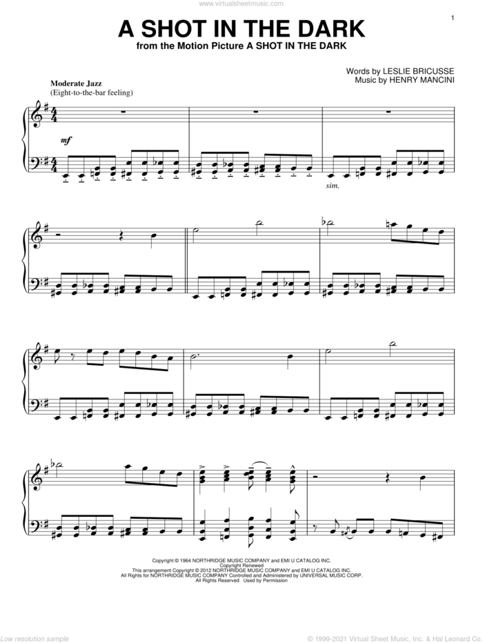 A Shot In The Dark, (intermediate) sheet music for piano solo by Henry Mancini and Leslie Bricusse, intermediate skill level