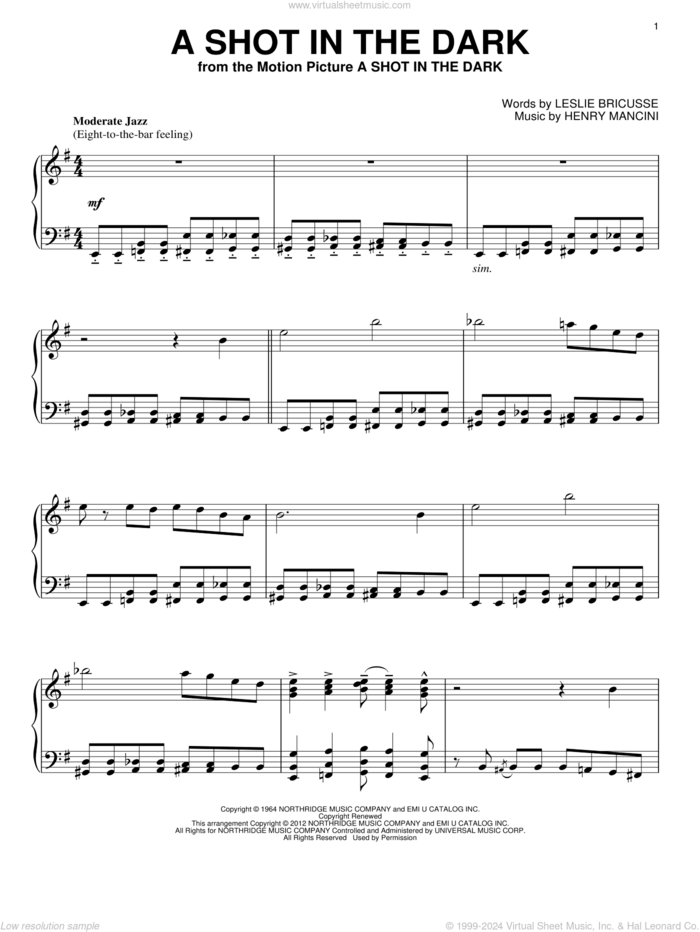 A Shot In The Dark, (intermediate) sheet music for piano solo by Henry Mancini and Leslie Bricusse, intermediate skill level