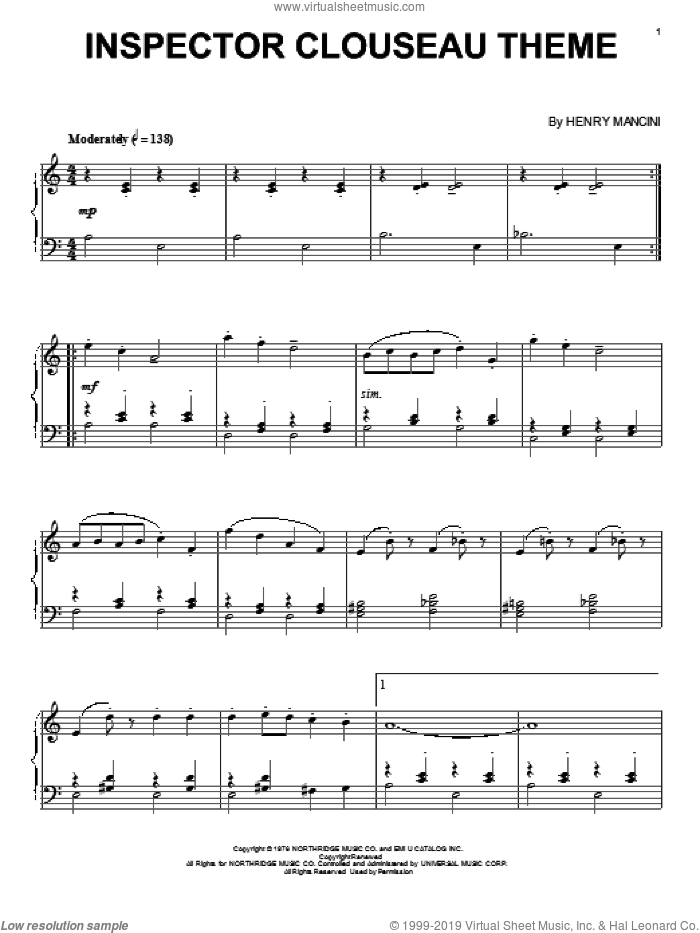 Inspector Clouseau Theme, (intermediate) sheet music for piano solo by Henry Mancini, intermediate skill level