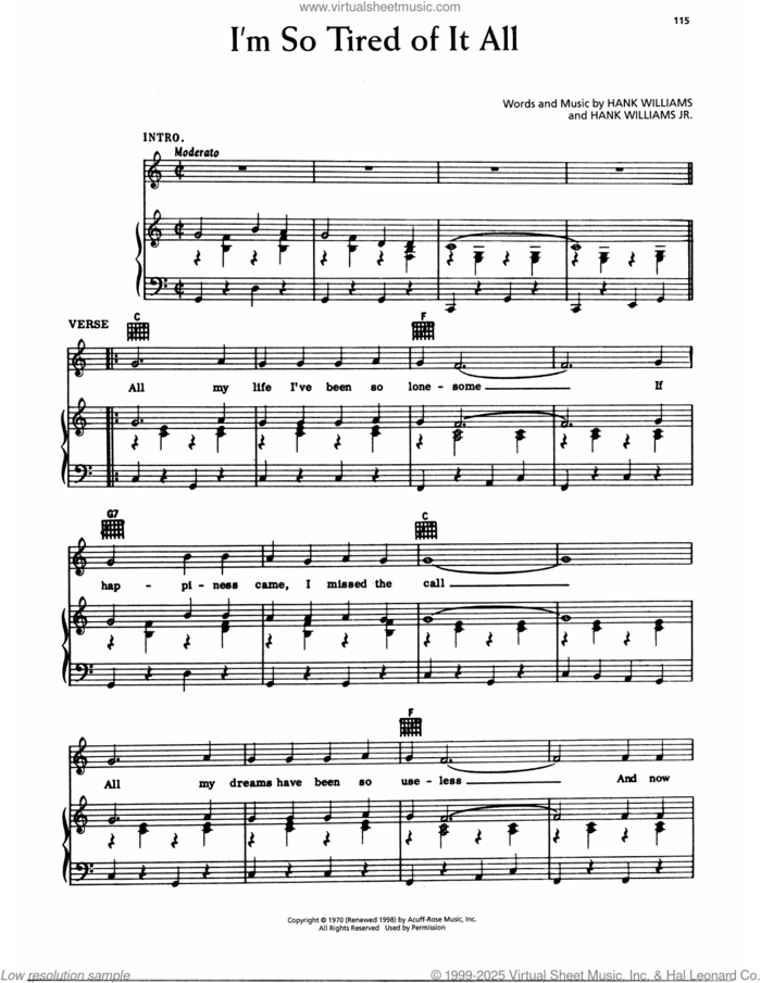 I'm So Tired Of It All sheet music for voice, piano or guitar by Hank Williams and Hank Williams, Jr., intermediate skill level