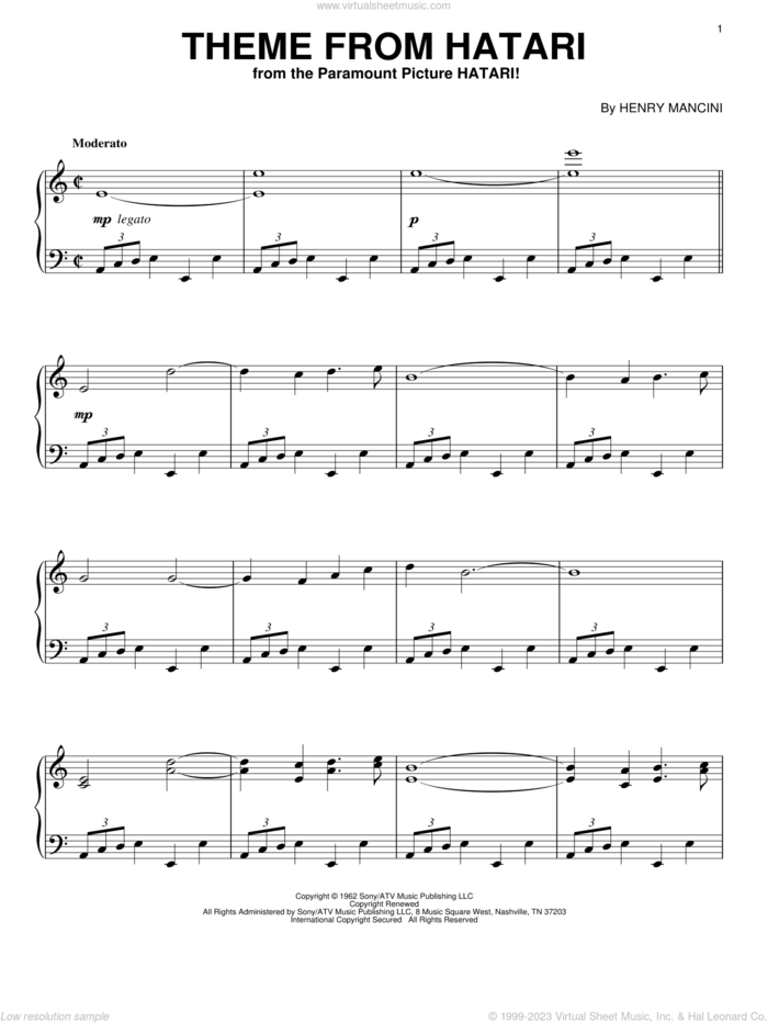 Theme From Hatari sheet music for piano solo by Henry Mancini, intermediate skill level