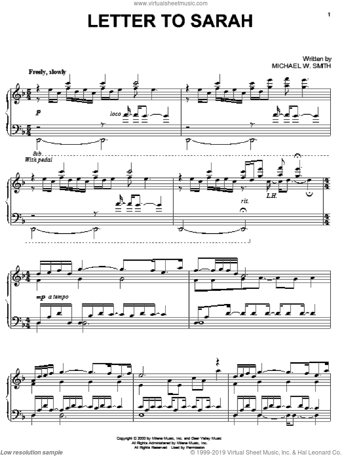Letter To Sarah sheet music for piano solo by Michael W. Smith, intermediate skill level