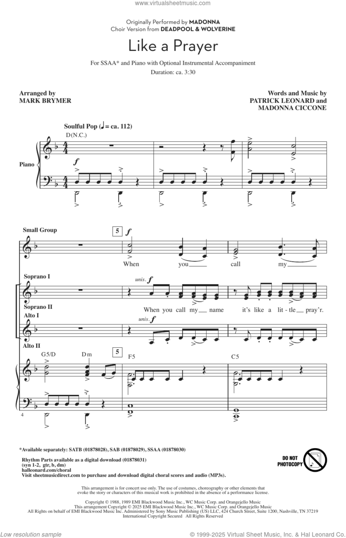 Like A Prayer (from Deadpool and Wolverine) (arr. Mark Brymer) sheet music for choir (SSAA: soprano, alto) by Madonna, Mark Brymer, Patrick Leonard and Patrick Leonard and Madonna Ciccone, intermediate skill level