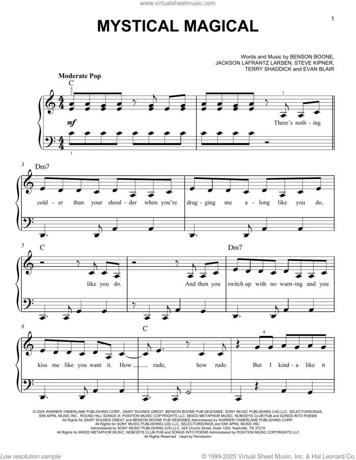 Mystical Magical, (easy) sheet music for piano solo by Benson Boone, Evan Blair, Jackson Lafrantz Larsen, Steve Kipner and Terry Shaddick, easy skill level