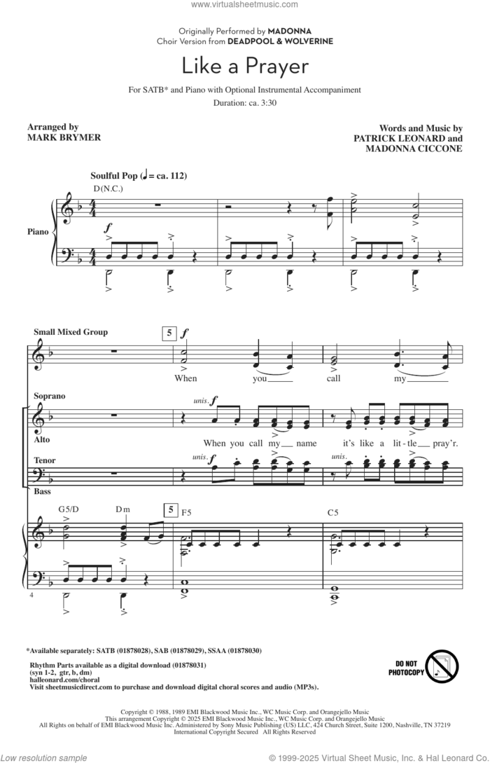 Like A Prayer (from Deadpool and Wolverine) (arr. Mark Brymer) sheet music for choir (SATB: soprano, alto, tenor, bass) by Madonna, Mark Brymer, Patrick Leonard and Patrick Leonard and Madonna Ciccone, intermediate skill level