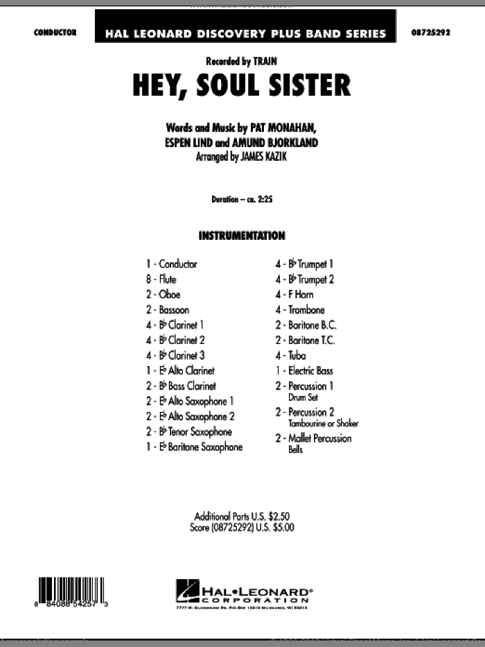 Hey, Soul Sister (COMPLETE) sheet music for concert band by James Kazik, Amund Bjorklund, Espen Lind, Pat Monahan and Train, intermediate skill level