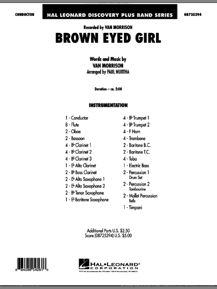 Brown Eyed Girl (COMPLETE) sheet music for concert band by Van Morrison and Paul Murtha, intermediate skill level