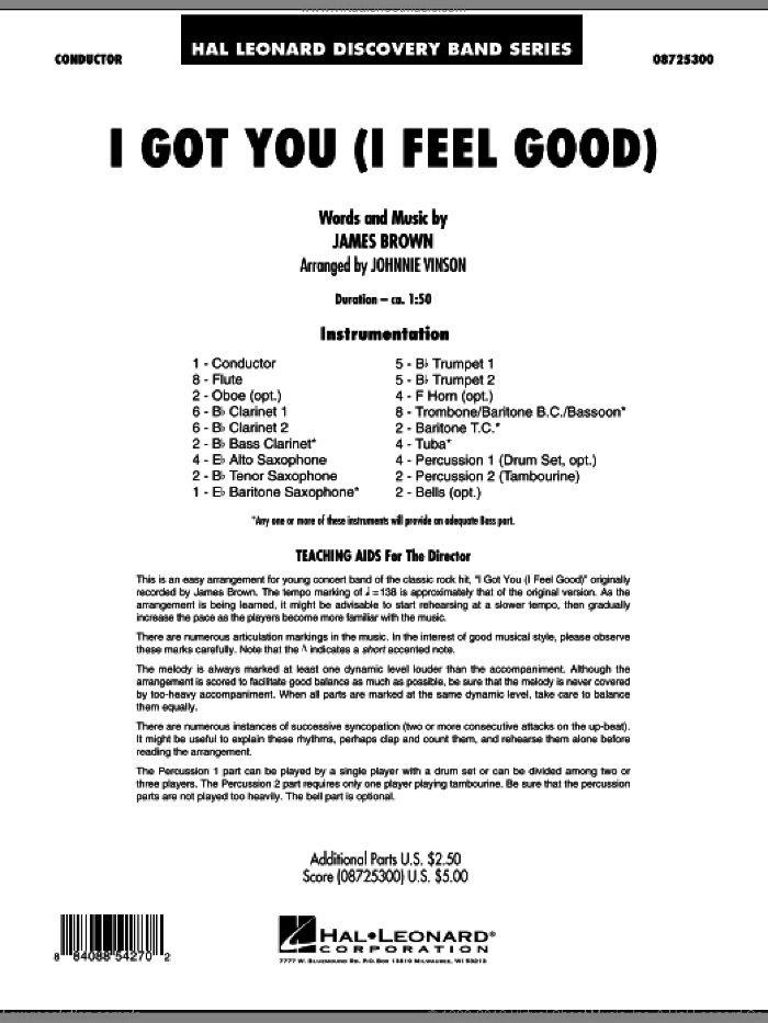 I Got You (I Feel Good) (COMPLETE) sheet music for concert band by James Brown and Johnnie Vinson, intermediate skill level