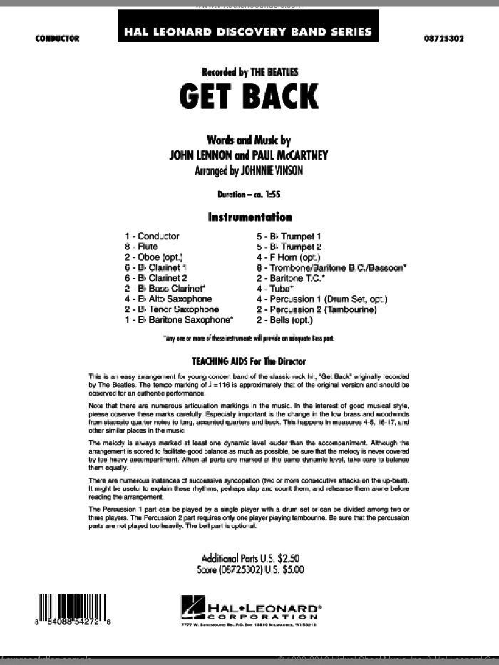 Get Back (COMPLETE) sheet music for concert band by Paul McCartney, John Lennon, Johnnie Vinson and The Beatles, intermediate skill level
