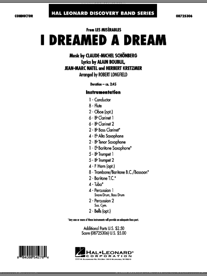 I Dreamed A Dream (from Les Miserables) (COMPLETE) sheet music for concert band by Alain Boublil, Claude-Michel Schonberg, Herbert Kretzmer, Jean-Marc Natel and Robert Longfield, intermediate skill level