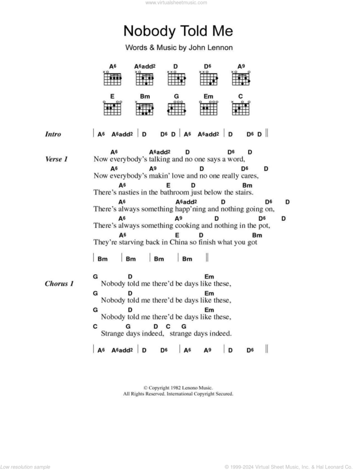 Nobody Told Me sheet music for guitar (chords) by John Lennon, intermediate skill level