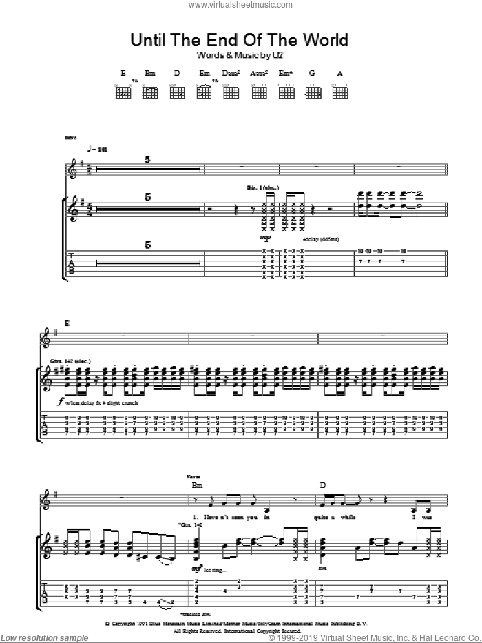 Until The End Of The World sheet music for guitar (tablature) by U2, intermediate skill level