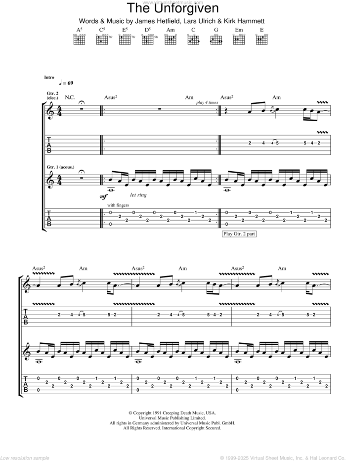 The Unforgiven sheet music for guitar (tablature) by Metallica, James Hetfield, Kirk Hammett and Lars Ulrich, intermediate skill level