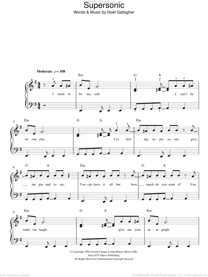 Oasis Supersonic Sheet Music For Piano Solo Pdf Interactive
