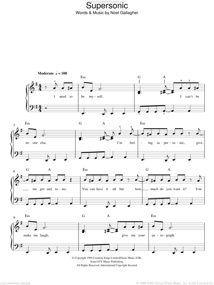 Supersonic, (easy) sheet music for piano solo by Oasis and Noel Gallagher, easy skill level