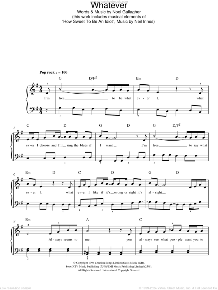 Whatever sheet music for piano solo by Oasis and Noel Gallagher, easy skill level