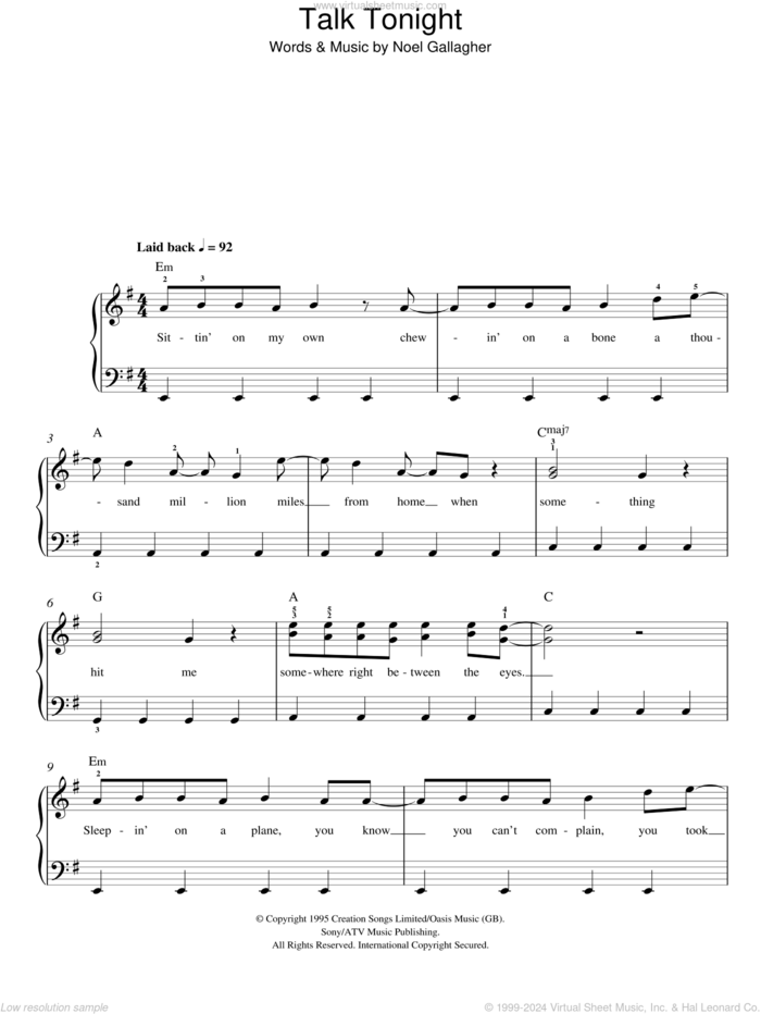 Talk Tonight sheet music for piano solo by Oasis and Noel Gallagher, easy skill level