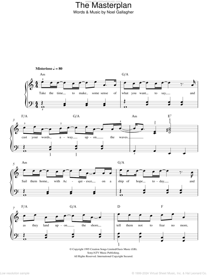 The Masterplan sheet music for piano solo by Oasis and Noel Gallagher, easy skill level