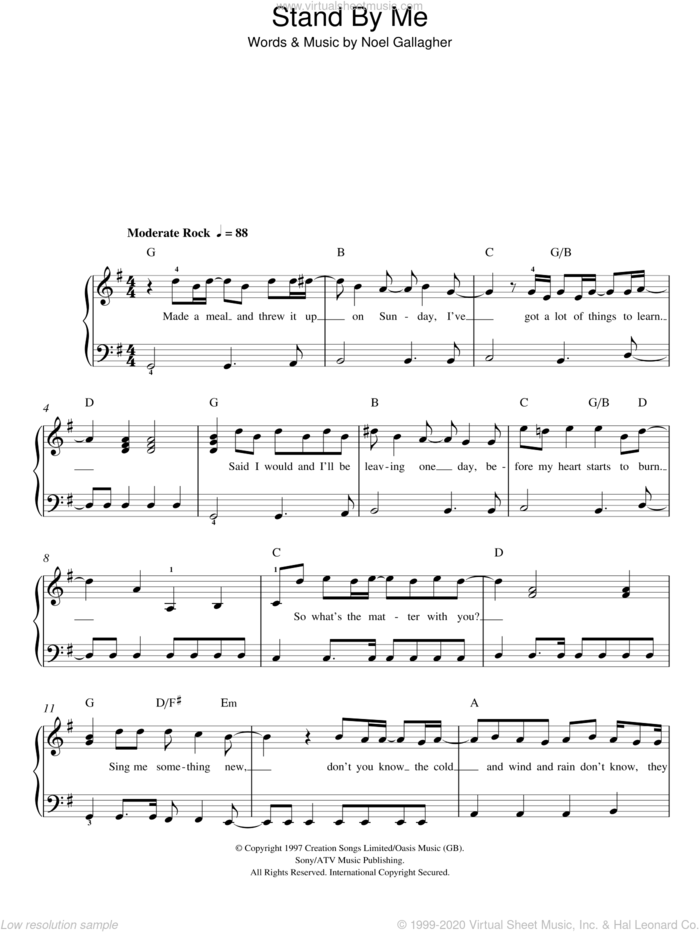 Stand By Me sheet music for piano solo by Oasis, Merle Travis and Noel Gallagher, easy skill level
