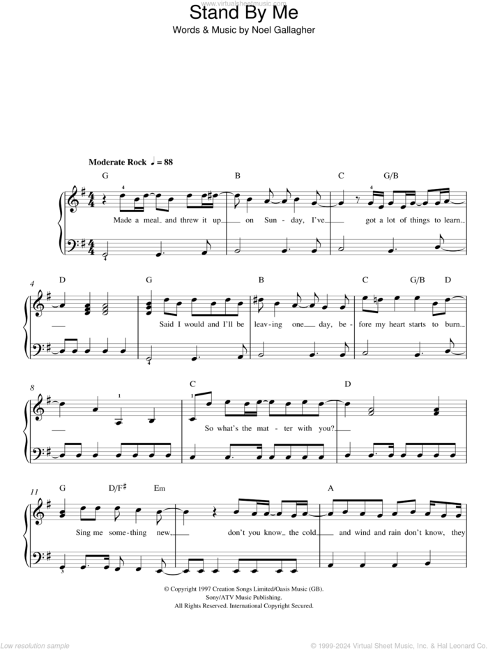 Stand By Me, (easy) sheet music for piano solo by Oasis, Merle Travis and Noel Gallagher, easy skill level