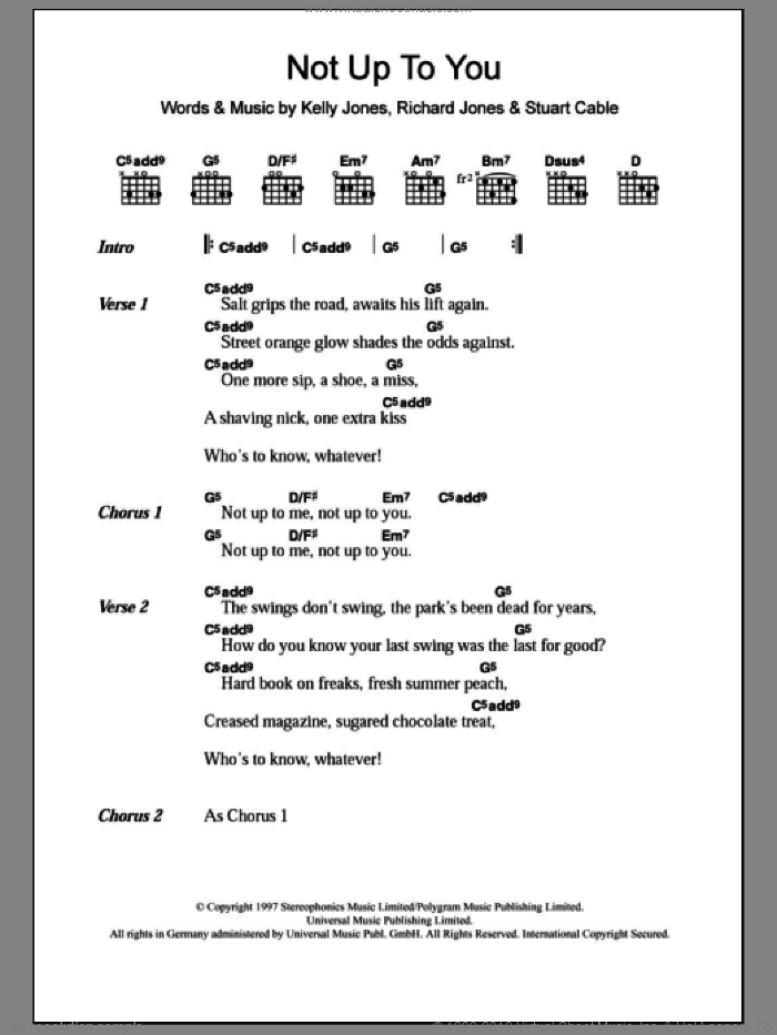Not Up To You sheet music for guitar (chords) by Stereophonics, Kelly Jones, Richard Jones and Stuart Cable, intermediate skill level
