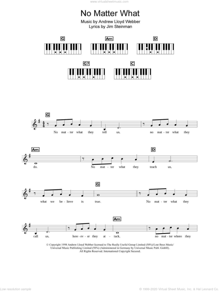 No Matter What sheet music for piano solo (chords, lyrics, melody) by Boyzone, Andrew Lloyd Webber and Jim Steinman, intermediate piano (chords, lyrics, melody)