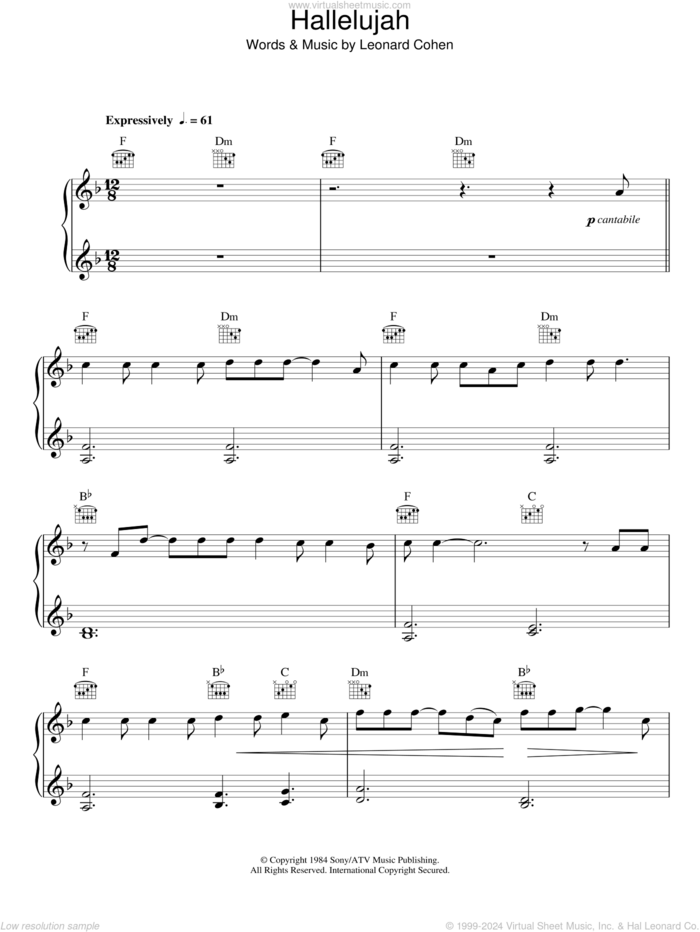 Hallelujah sheet music for piano solo by Alexandra Burke, Jeff Buckley, John Cale, K.D. Lang, Rufus Wainwright and Leonard Cohen, easy skill level