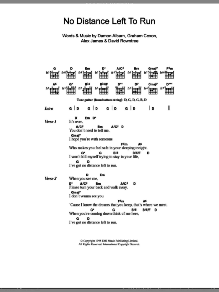 No Distance Left To Run sheet music for guitar (chords) by Blur, Alex James, Damon Albarn, David Rowntree and Graham Coxon, intermediate skill level