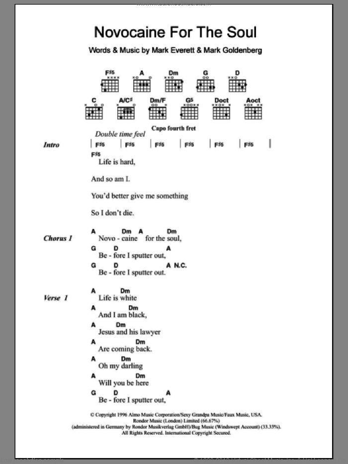 Novocaine For The Soul sheet music for guitar (chords) by Eels, Mark Everett and Mark Goldenberg, intermediate skill level