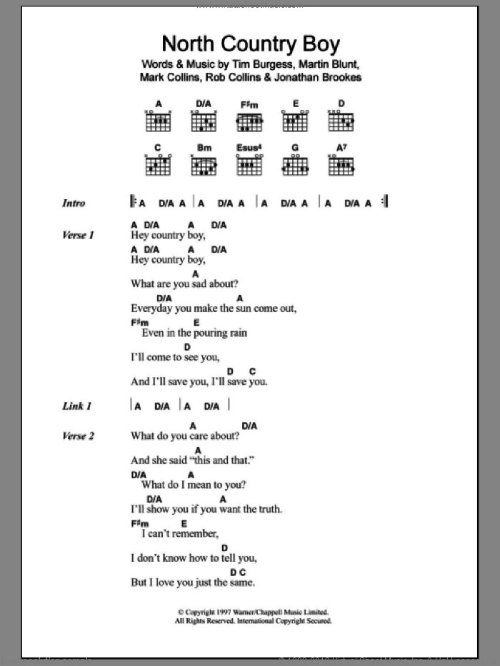 North Country Boy sheet music for guitar (chords) by The Charlatans, Jonathan Brookes, Mark Collins, Martin Blunt, Rob Collins and Tim Burgess, intermediate skill level